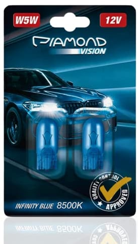 Diamond Vision 2x W5W T10 12V 5W | Xenon Look | Halogen KFZ Autolampen | 8500K Super Ultra White | extrem langlebig | 2er SET | E-Prüfzeichen | w09-44-89/XY