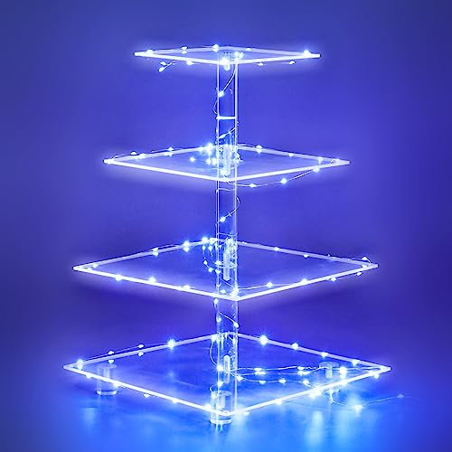 Weddingwish Cupcake-Ständer, 4-stöckig, quadratisch, Acryl, Cupcake-Display-Ständer mit LED-Lichterkette, Dessertturm, Gebäckständer für Geburtstag oder Hochzeitsfeier (blau)