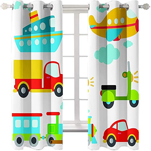 Daesar Schlafzimmer Vorhang Polyester Ösenvorhang Blickdicht 214x214CM, Vorhänge Lang für Fenster Wohnzimmer Modern Transport Auto Boot Verdunklungs Vorhang Kinderzimmer Gelb Rot Grün Blau