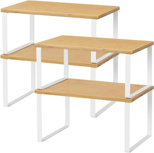 Regaleinsatz, Bambus-Küchenschrank und Thekenregal, Organizer, stapelbar und erweiterbar, 4er-Set, Weiß und Natur