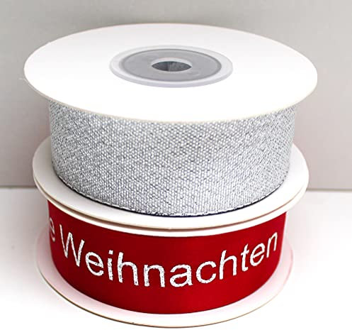 CaPiSo 2X 10m Satinband Schleifenband Schleife Geschenkband Dekoband Herzband Frohe Weihnachten+Silber Glänzend