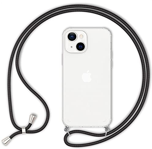 NALIA Handyhülle mit Kette kompatibel mit iPhone 13 Mini Hülle, Transparente Schutzhülle & Handy-Schnur zum Umhängen, Robust Vergilbungsfrei Klar, Kordel Hardcase & Silikon Rahmen, Farbe:Schwarz