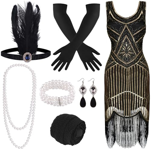 FEPITO Flapper-Kleider im Stil der 1920er Jahre für Damen, mit Fransen und Pailletten besetztes Great Gatsby-Kleid für Damen mit Accessoires im Stil der 20er Jahre, Kostüme der Roaring 20s