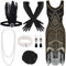 FEPITO Robe années 1920 à col en V et à franges perlées avec ensemble d'accessoires des années 20, Pure Black Gold, L