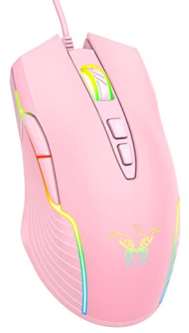PHNIXGAM Wired Gaming Mouse, Ergonomic RGB Computer Mouse with RGB Backlight, Adjustable DPI UP to 6400, 7 Programmable Buttons for Windows Vista Linux (Pink)