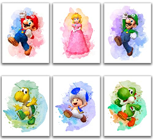 Super Mario Game Aquarell-Poster – Set mit 6 (20,3 x 25,4 cm) – Super Mario Wandkunst Spielzimmer-Dekor für Kinderzimmer, Badezimmer, Spielzimmer Dekor (ungerahmt)