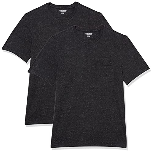 Amazon Essentials Herren T-Shirt mit kurzen Ärmeln, Rundhalsausschnitt und Tasche in schmaler Passform, 2er-Pack, Dunkelgrau Meliert, S