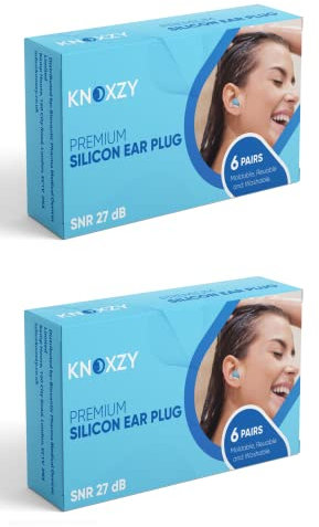 Knoxzy Silicone Ear Plugs for Sleeping Re-Usable Waterproof, SNR = 27dB Noise Cancelling Premium Moldable Ear Plugs for Sleeping, Travelling, Studying Noise Reduction Pack of 2