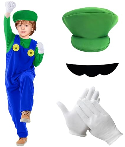BITOWO Luigi Kostüm Kinder Jungen Mädchen 134 140 146 mit Luigi Mütze Schnurrbärte Handschuhe Luigi Kostüm Kinder Jungen Mädchen Halloween Kostüme Luigi Cosplay XL