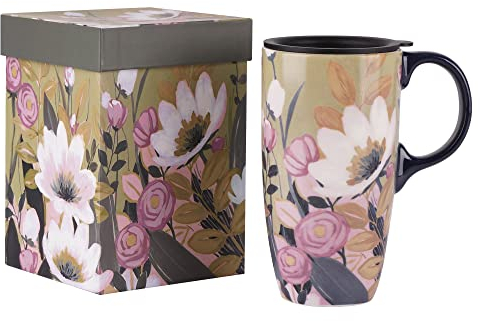 Topadorn Tasse en céramique avec coffret cadeau, tasse à café latte avec couvercle et poignée, 500 ml, fleurs blanches et roses