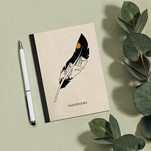 Matabooks, nachhaltige und vegane Notizbücher A6 aus Graspapier, Steifbroschur Dahara, 102 blanko Seiten, Natur, Handmade, Made in Germany (Feather)