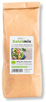 Keimgrün - Bio Sprossenmix Salat - 500g Saatgut-Mix aus Rettich, Mungobohnen, Radieschen und Linsen - Regelmäßig überprüfte Keimfähigkeit - Zum ergiebigen Anbau im Sprossenglas