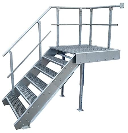 Podesttreppe / 5 Stufen + Podest Stahltreppe mit Geländer Links/Stufenbreite 100cm / Geschosshöhe 90-120cm