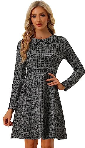 Allegra K Damen Vintage Tweed Kleid Kariert Gitter Bubikragen Langarm A-Linie Minikleid Schwarz M