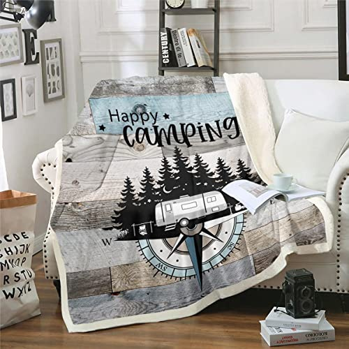 Rv 130x150cm Fleece Decke Glückliche Camping Wurfdecke für Camper, Kompass Dekor Sherpa Decke für Kinder Jungen Mädchen, Rustikale Bauernhaus Holzbrett Plüsch Bettdecke Schwarz Blau Grau