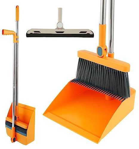 3Pcs Floor Sweeping Set with Long Handle 180°Rotating Floor Broom Squeegee Dustpan Set Foldable Stand Dustpan and Broom Combo with Comb Teeth Portable Squeegee Broom for Floor(Orange)