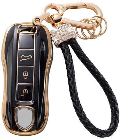 Gematay Schutzhülle für Porsche Schlüsselanhänger mit Schlüsselband, weiches TPU, kompatibel mit Porsche 911 Cayenne Panamera TAYCAN 3-Tasten-Smart-Schlüsselhülle