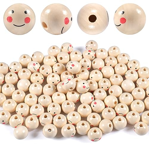 100 Stück Holzperlen Rund,Holzperlen mit Gesicht,Smile Face Holzperlen,Holzkugeln mit Loch,Holzperlen Natur 20mm mit Gesicht für DIY Handgefertigte Dekorationen Basteln Bastelperlen