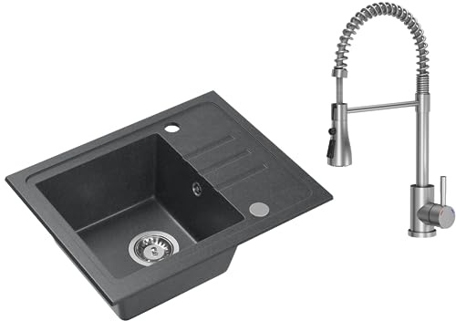 VBChome Granit Spülbecken 55 x 44 cm Schwarz gesprenkelt – Einbauspüle Einzelbecken reversibel mit Inox Armatur & Siphon – Küchenspüle Set pflegeleicht & hitzebeständig – robustes Design