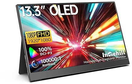 Intehill Tragbarer Monitor OLED, Portable Monitor 13,3 Zoll, FHD Bildschirm Reaktionszeit 1ms Vivid Color 10bit 100% DCI-P3 für laptop/Mac/PS3/4/5/Samsung Dex F13NA
