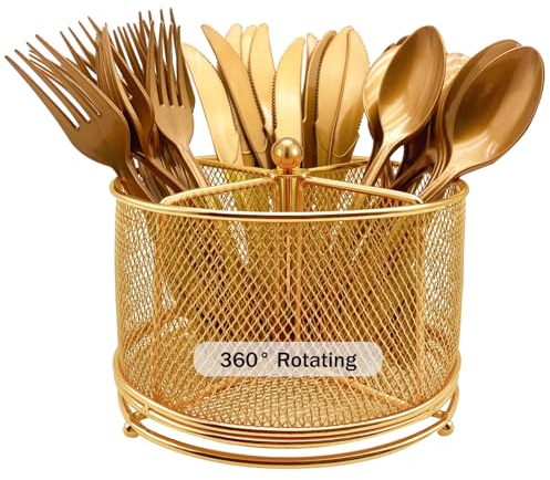 DysanVica 360° Rotating Metal Utensil Caddy - 4 Compartment Silverware Cutlery Holder Rotation Fork Spoon Napkin Organizer Flatware Storage Basket Party Countertop Buffet Picnic Camping Outdoor Gold