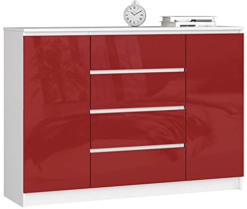 AKORD Kommode K 140 cm 4 Schubladen und 2 Türen | zum Wohnzimmer Schlafzimmer Arbeitszimmer | Modernes funktionales Design | Schichtstoffplatte Farbe rot glänzend