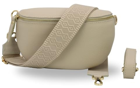 BRISE Bauchtasche Damen Echtes Leder SAHEL Handgemachte Umhängetasche Crossbody Bag Hüfttasche mit Ledergurt + Optionalen Breiten Gemusterten Riemen Gürteltasche Made in Italy (Beige-Gold 5)