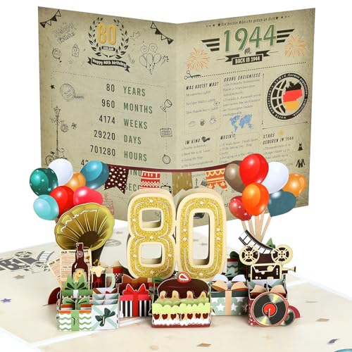 Joyoldelf 80. Geburtstagskarte, 1944 Jahrgang Geschenk, Pop Up Grußkarten, 3D Pop Up Karte Geburtstag Grußkarte, Geburtstagskarten mit Umschlag, Geburtstagsgeschenk für Männer Frauen Jubiläum