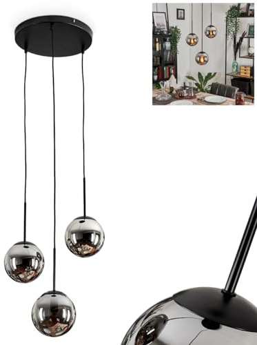 HOFSTEIN Hängeleuchte Gastor, 3-flammige Hängelampe aus Metall/Glas in Schwarz/Chrom-/Rauchfarben, moderne Pendelleuchte im Retro/Vintage-Design, Ø Schirme 15 cm, E14, Esszimmer, Küche, Wohnzimmer