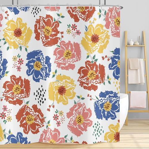 Hnmdmyi Rideau de Douche Fleurs 180x200, Aquarelle colorée Boho Fleur Plante Abstraite Art Esthétique Rideau de Baignoire Imperméable Tissu Polyester Lavable Rideau de Bain avec Crochets