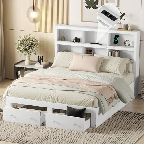 Doppelbett 160x200cm, Massivholz, Kingsize-Plattformbett mit Zwei Schubladen am Fußende des Bettes, Kopfteil mit Stauraum (Weiß)