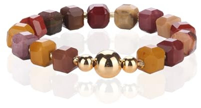 MetJakt Handgemachtes Stretch Armband Echtes 8MM Naturstein Würfel Design 18k Vergoldet Kugel für Damen und Herren Edelstein Perlenarmband (Mookait -Vergoldet)