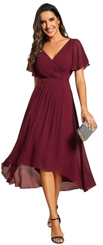 Ever-Pretty Robe de Soirée High Low Col V Robe D'Invité Manches Courtes A Line Bordeaux38