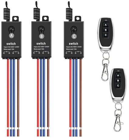 Meskliu 3 way Fernbedienung Schalter,AC 220V/230V/240V Mini Funkschalter mit Fernbedienung, 10A Funk Relais Wandschalter mit 328ft Long Range für Haushaltsgeräte, Deckenleuchten,Wasserpumpe