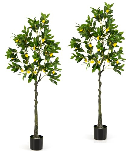 TANGZON Artificial Lemon Tree, 80cm/120cm/160cm Fake Lemon Plants with 9/18/27 Lifelike Lemons & Cement Pot, Indoor Outdoor Potted Decorative Faux Tree for Home Office Living Room Porch (2, 160cm)
