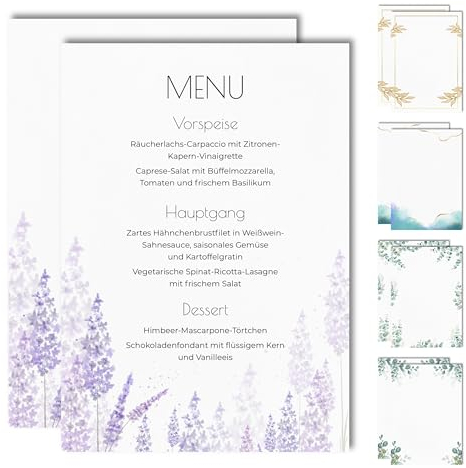 15 Blanko Menükarten für Speisekarten und Getränkekarten für die Hochzeit, Geburtstag, Konfirmation (Lavendel)