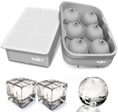 Walfos Silikon Eiswürfelform,großer Kugel-Eisball und großer quadratischer mit Deckel Eiswürfelbehälter,BPA Frei,Leicht abzubauenfür,perfekt für Whisky, Cocktails, Babynahrung,wiederverwendba(grau)