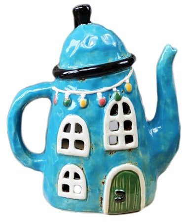Teapot House Candle Holder 20cm Blue Ceramic Hand Painted Tea Light Home Lantern Gift