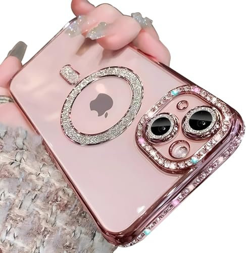 Sitthyw Coque iPhone 15 Plus Magnétique Transparente Coque à Paillettes Diamant Glitter Housse [Compatible avec MagSafe] Souple TPU Anti-Rayures et Antichoc Camera Protection Case, Brillant Rose