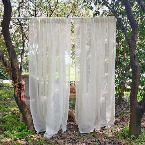 Cream Flax Yarn Linen Drapes Patio Outdoor Voile Sheer Curtains Panel Party Decor Rod Pocket Pergola Net Curtains-2 Panels-130x100cm