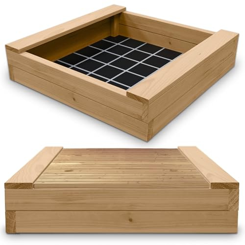 Gartenwelt Riegelsberger Massiver Sandkasten Bulle 180 x 180 cm aus Lärchenholz Sandkiste Sandbox mit passendem Deckel Spielkasten inkl. Sitzbretter und Bodenplane