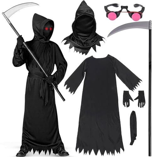 UieaMsio Costume da Tristo Mietitore, Costume Halloween Tristo Mietitore Bambino, Mantelli Cosplay di Halloween con Mantello, Guanti, Falce e Catena, per Halloween, Feste in Costume (S)