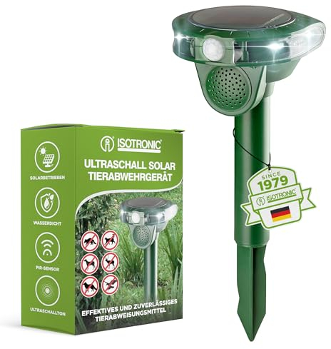 ISOTRONIC Ultrasonic Solar Animal Repellent, Cat Deterrent, Dog Scarer, Wild Animals, 5 m Range per Device, Adjustable Frequency, Pack of 1