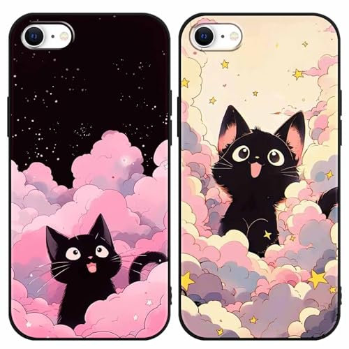 Yimctoie 2 Pièces Coque pour iPhone 7/8/SE 2020/SE 2022 4,7,Mignon Kawaii Noir Chat Aesthetic Art Étoile Nuages Roses Motif Cute Cat Animal Cover,Antichoc Protection Silicone TPU Souple Phone Case