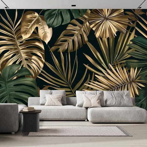 Papier Peint Panoramique Feuilles D'Or Feuilles De Palmier Usine Soie, 350× 256 cm Poster Geant Mural Personnalisé 3D pour Salon Chambre Chambre d'enfants Décoration Murale