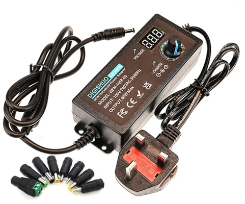 A-DIGISHUO 60W Power Supply Adjustable DC 3V~12V 5A Adapter |100V-240V AC to DC Converter W/LED Voltage Display and 8 Tips, For Household Electronics (DC 3-12V 5A 60W)