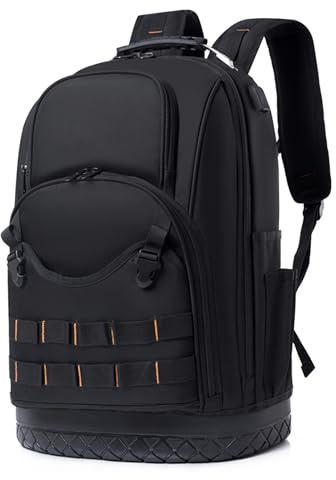 Horsande Werkzeugtasche Leer, Robuste Oxford Werkzeugrucksack, Profi Werkzeugtasche mit Schultergurt, Montagetasche für Handwerker, Bauhandwerker und Facharbeiter, Schwarz