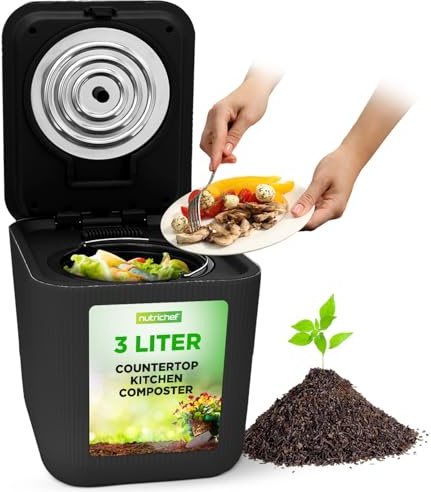 Nutrichef Electric Food Waste Composter 3L – Kitchen Countertop Indoor Compost Bin with Drying & Cooling System Food Scrap Recycler (Grey)