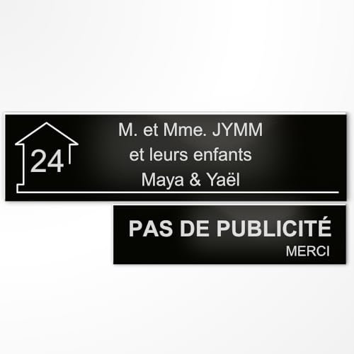 Plaque boîte aux lettres personnalisée 10x2,5cm adhésive + Plaque Pas de Publicité 8x2cm - Gravure Laser – 22 Couleurs – Avec ou Sans Motif (Noir mat texte blanc)