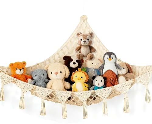 Alrens Kuscheltiernetz Hängematte 41×41×57 Zoll Handgemachte Makramee Spielzeug-Aufbewahrung Hängematte mit Haken Plüschtiernetz für Kinderzimmer, Hängendes Stofftiernetz zur Kuscheltieraufbewahrun